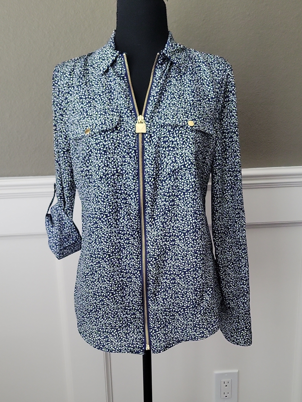 Navy & Green Printed Zip-Front Blouse with Gold Hardware